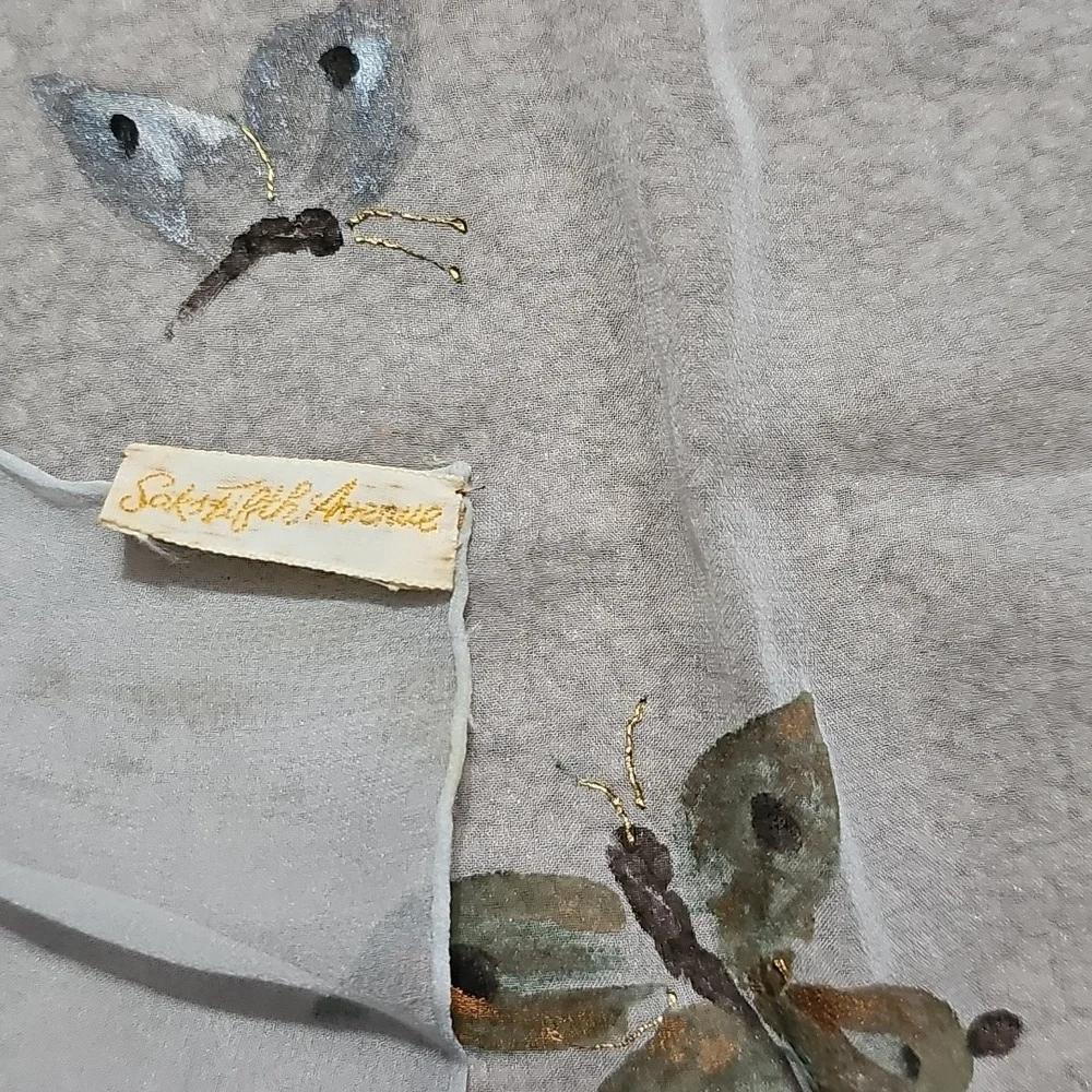 Vintage Saks Fifth Avenue sheer white painted butterfly scarf